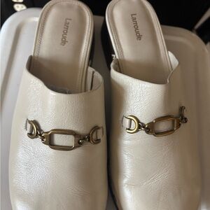 Larroude Off-White Mules with Gold Accent